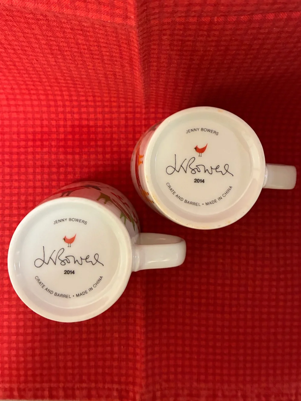 Set of 2 Crate & Barrel Jenny Bowers 2014 Christmas Reindeer & Sleigh Mugs